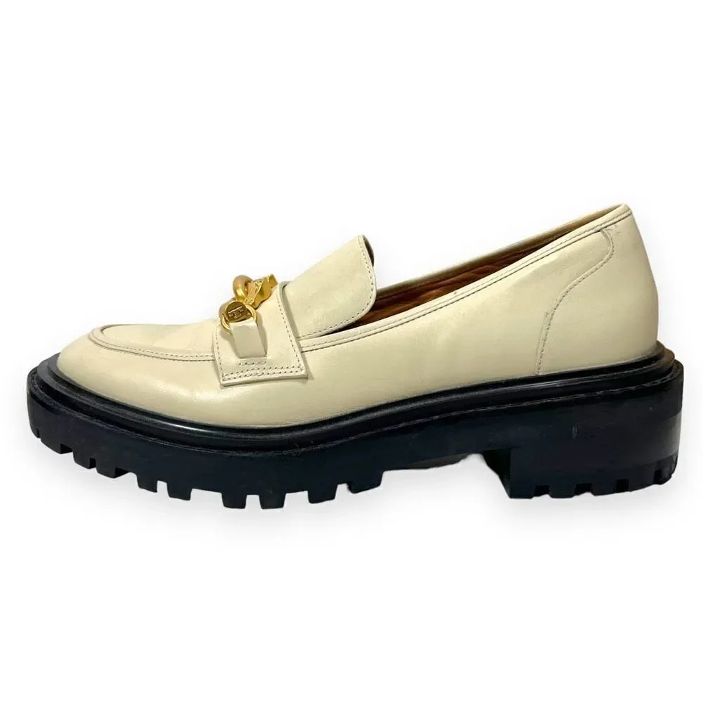 Tory Burch Jessa Leather Lug Sole Gold Chain Link Loafers Cream Academia Size 8